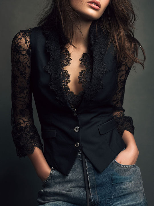 Noemi™ | Blazer Nero con Maniche Semitrasparenti