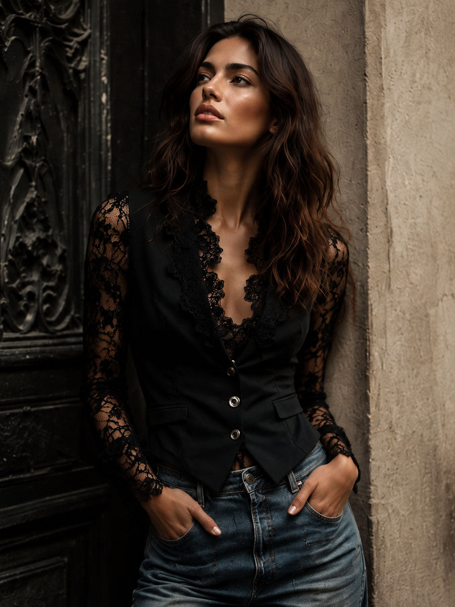 Noemi™ | Blazer Nero con Maniche Semitrasparenti