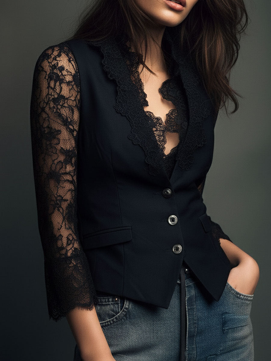 Noemi™ | Blazer Nero con Maniche Semitrasparenti