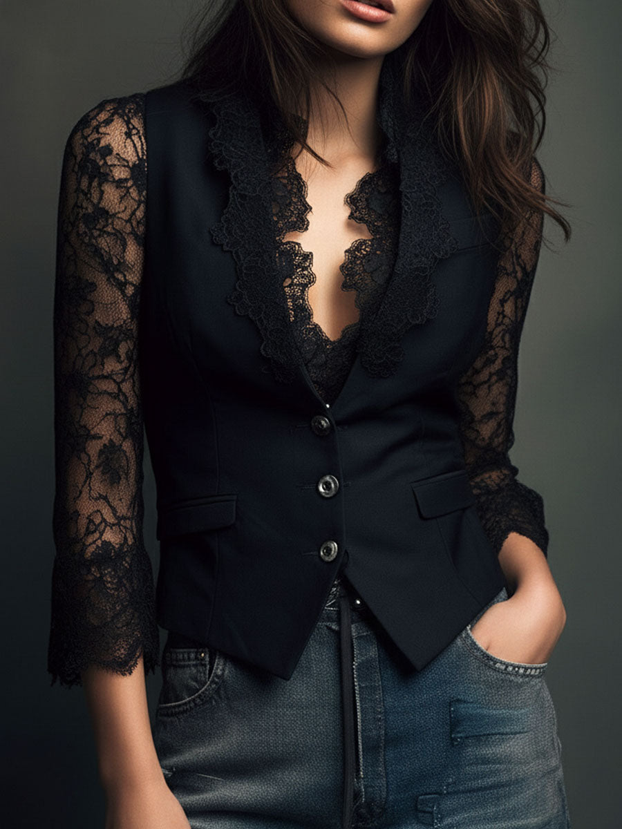 Noemi™ | Blazer Nero con Maniche Semitrasparenti