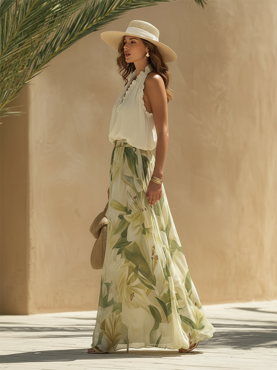 Lily Bloom Maxi Set — White Halter Top + Floral Skirt