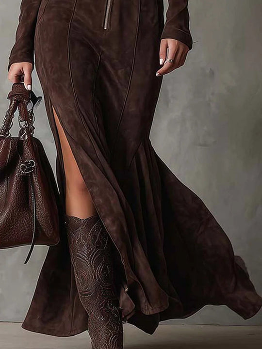 Marcella™ | Abito Lungo Marrone con Cintura