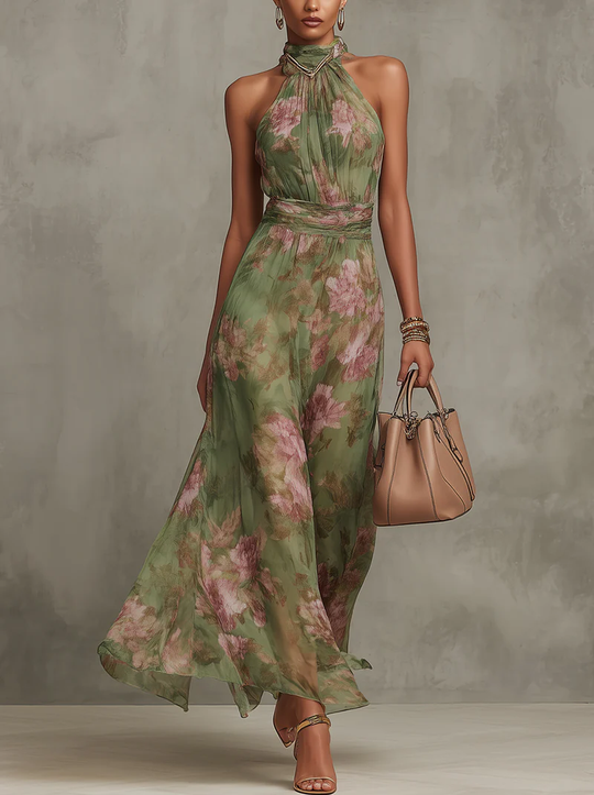 The Elegant Floral Halter Maxi Dress