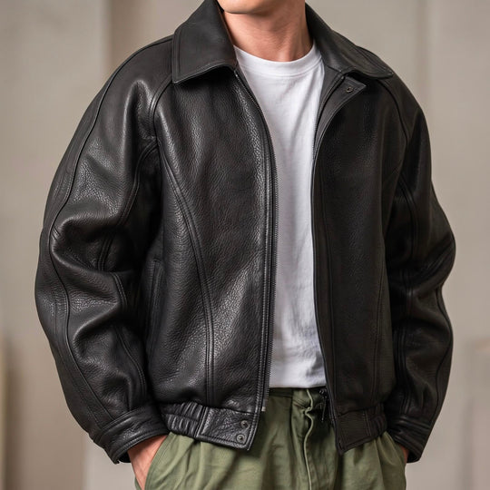 Giacca in Pelle da Uomo con Zip – Modello Strutturato con Colletto per Primavera e Autunno