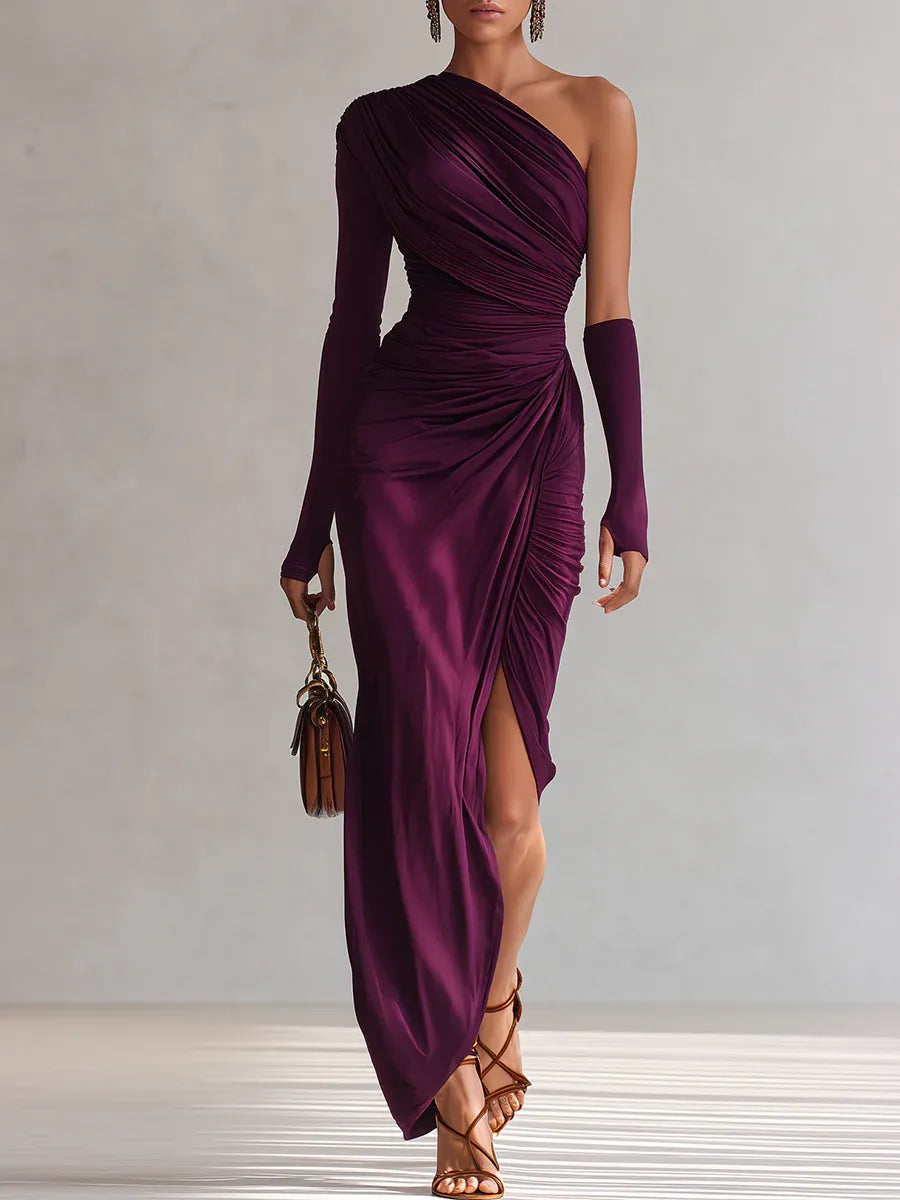 Rhianna™ | Abito lungo monospalla drappeggiato con spacco