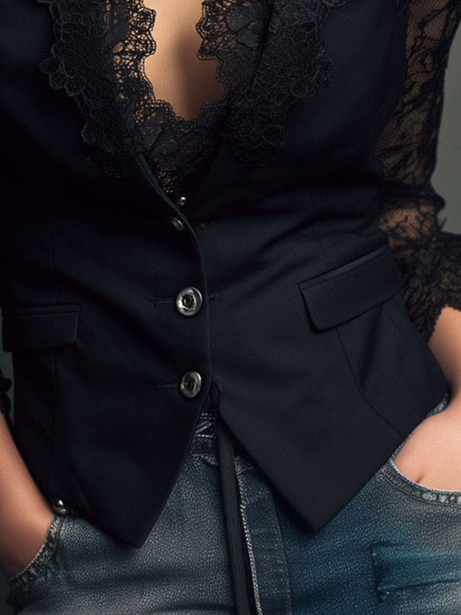 Noemi™ | Blazer Nero con Maniche Semitrasparenti