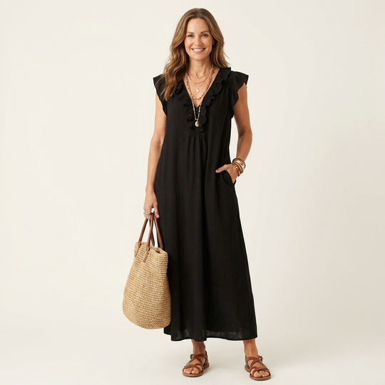 Josette | Ruffle V-Neck Linen Maxi Dress