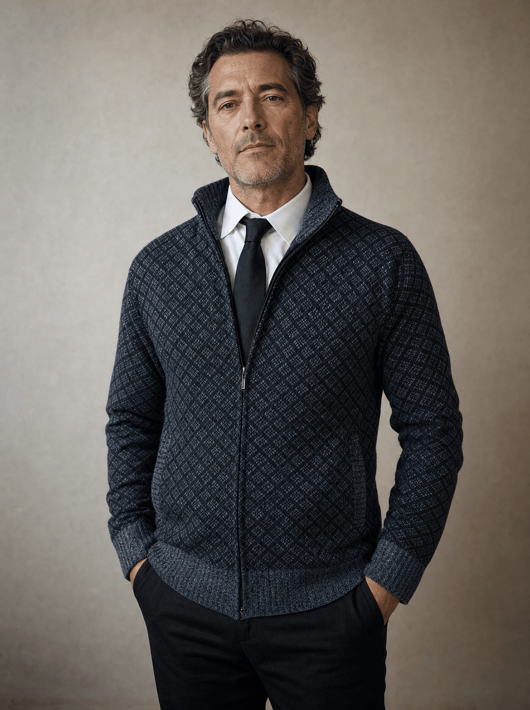 Maglione Uomo con Zip e Lavorazione a Rombi