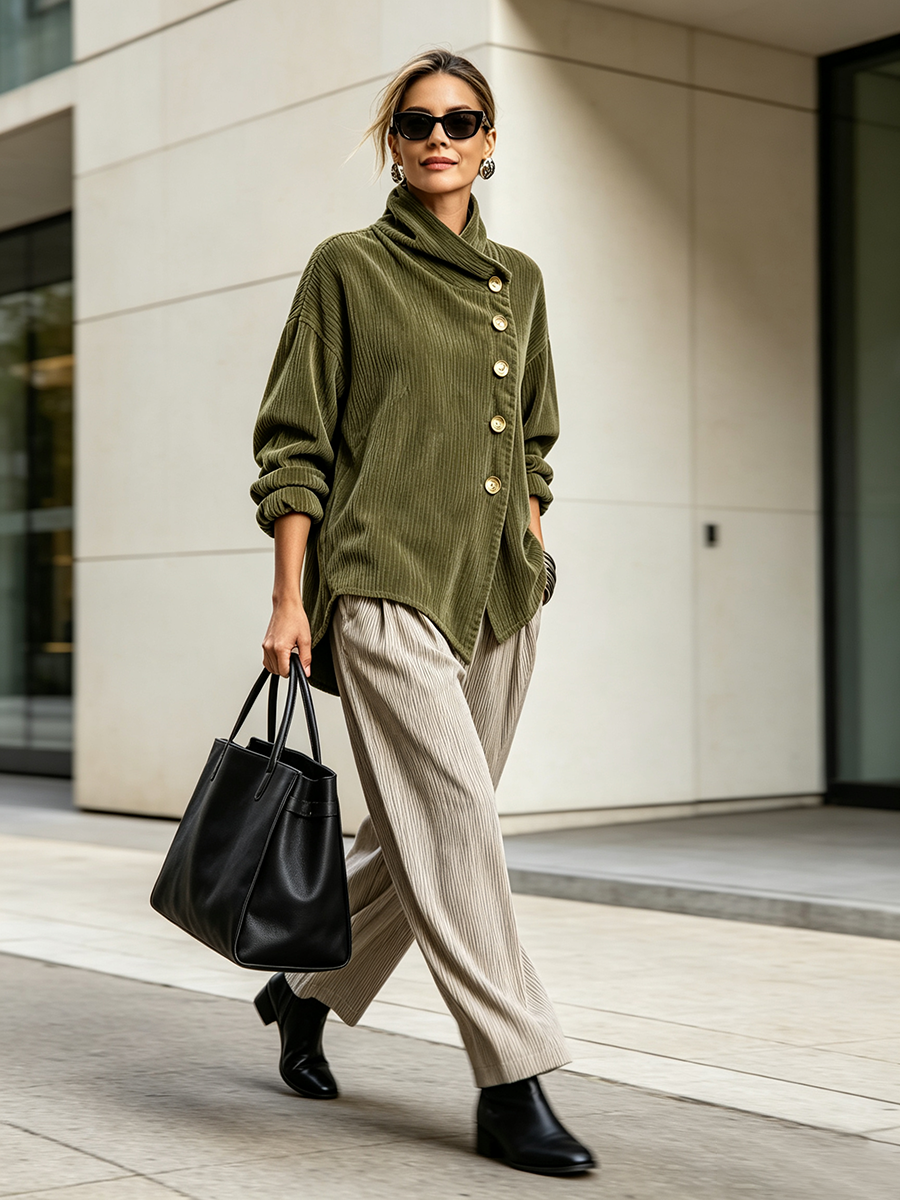 Hieke - Maglione da Donna in Velluto a Coste con Bottoni