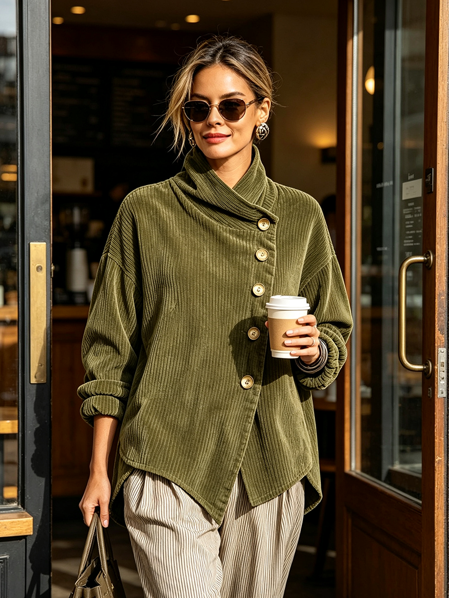 Hieke - Maglione da Donna in Velluto a Coste con Bottoni